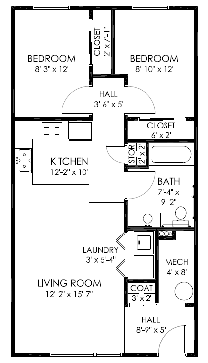 Floor plan for 2 beds, 1 bath, 750 sqft